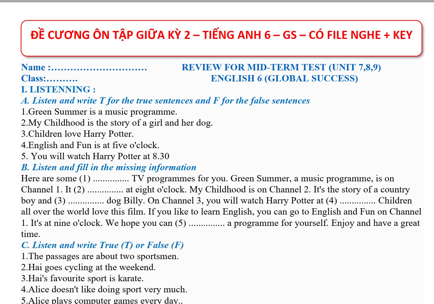 ĐỀ CƯƠNG ÔN TẬP GIỮA HK2 Tiếng anh 6 GS có file nghe, đáp án